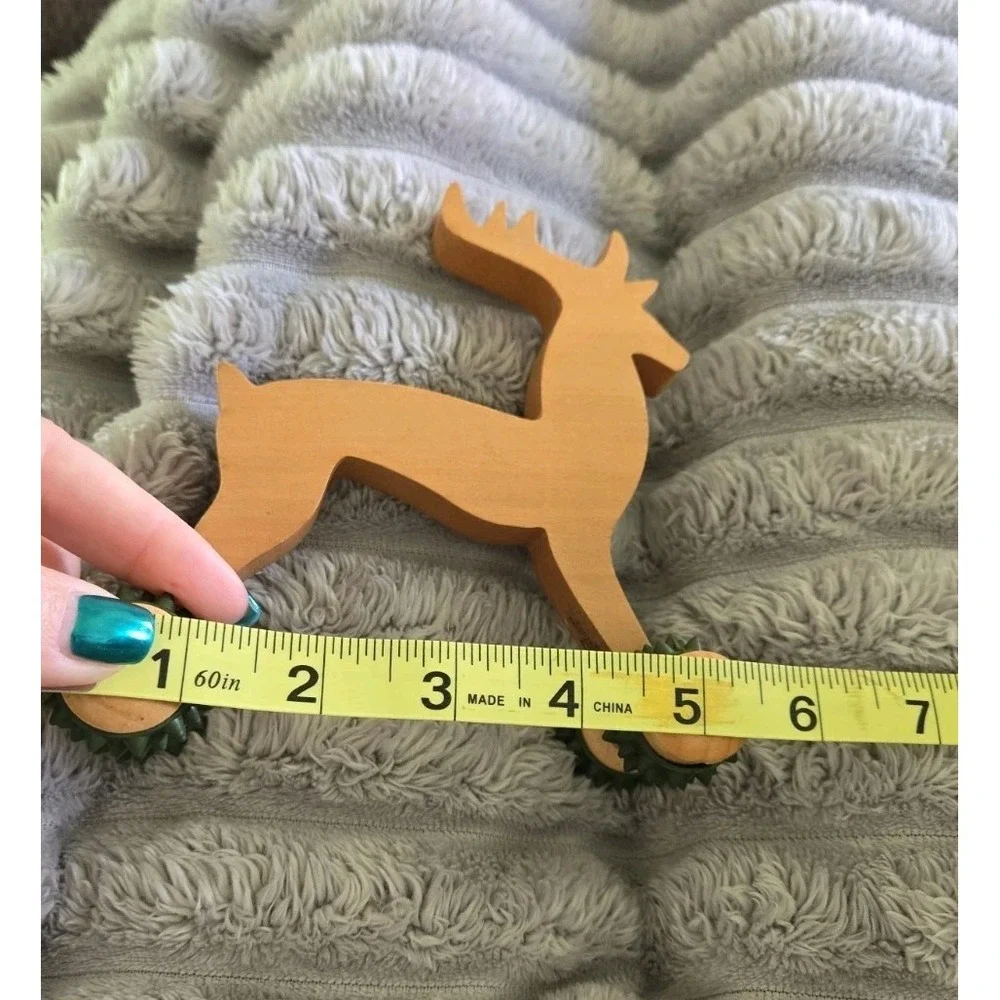Vintage Chunky Pine Wooden Reindeer‎ Handheld Back Massager With Rolling Wheels
